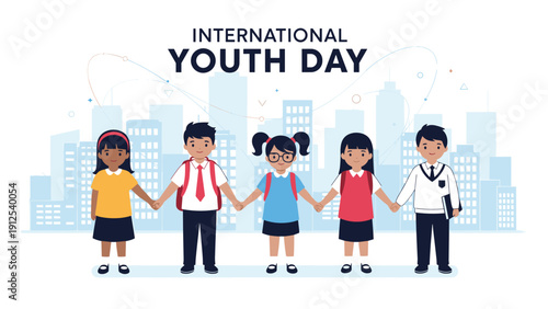 Group of diverse children holds hands in a row in front of a city skyline to celebrate international youth day together.