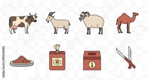 Farm animals and food icons with cow, goat, sheep, camel, meat, spice jar, and cutlery