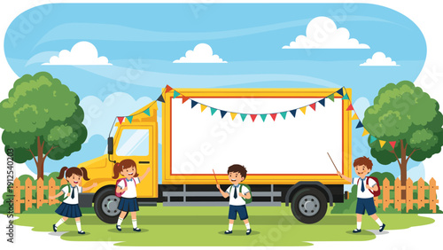 Group of school children in uniforms playing and running in front of a yellow delivery truck with a large blank sign.