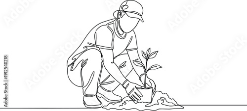Continuous line drawing of a person crouching and planting a small tree for sustainable gardening and nature conservation