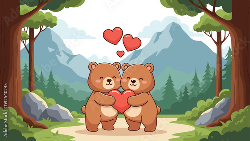 Pair of cute teddy bears hugging and holding a red heart in a beautiful mountain forest setting with floating hearts.