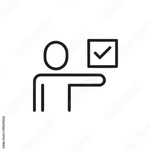 Simple illustration of person voting with a checkmark in a box, symbolizing approval or confirmation