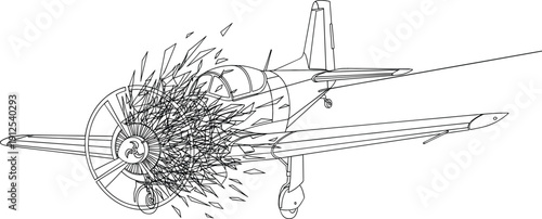 Continuous line drawing of a propeller airplane experiencing a catastrophic engine explosion and mid air failure debris