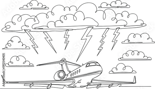 Continuous line drawing of an airplane flying through a thunderstorm with lightning and clouds for aviation safety signage