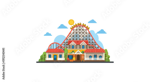 Flat design illustration of a colorful amusement park with a large rollercoaster and sunny sky with many people around, in a lively and vibrant mood.