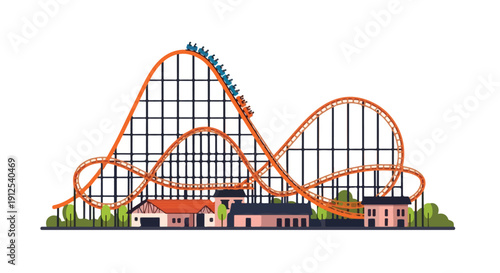 Many people enjoy a thrilling roller coaster ride at an amusement park with vibrant orange tracks and structures.