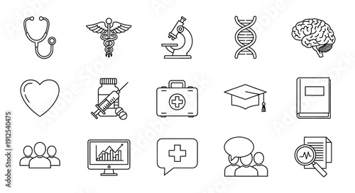Medical icons and symbols in a simple line art silhouette