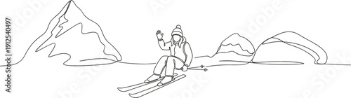 Continuous line drawing of female skier waving on snowy mountain slope for minimalist winter travel and resort branding