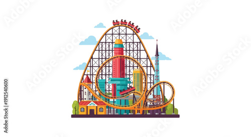 Colorful illustration of a large amusement park rollercoaster with many people riding, set against a white background with blue clouds and vibrant orange tracks.