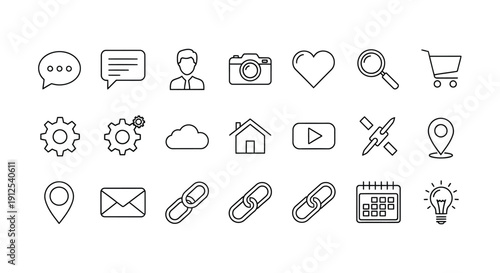 Collection of minimalist outline icons representing various concepts silhouette