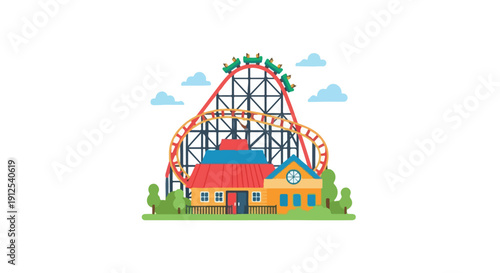 A colorful amusement park scene with a large roller coaster and a small orange building, surrounded by green trees and blue clouds on a white background.