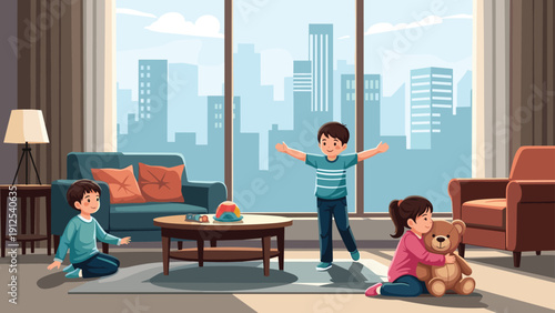 Three happy children playing with toys and a teddy bear in a spacious modern living room with a scenic city view.