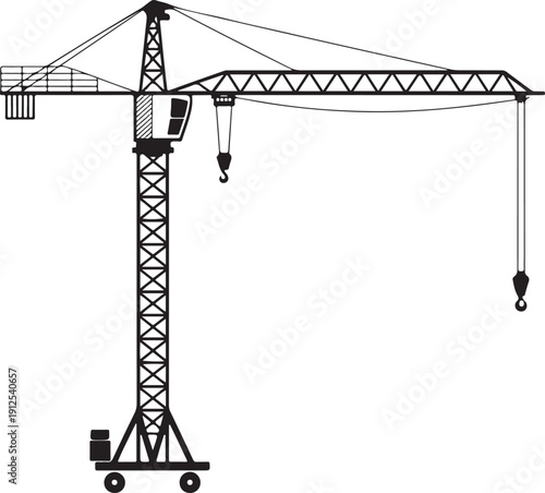A detailed black outline illustration of a tall tower crane used in building construction