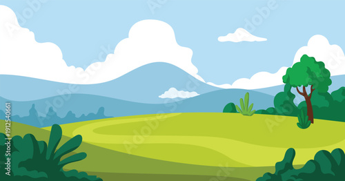 Green grass landscape view with trees, sky and clouds panoramic