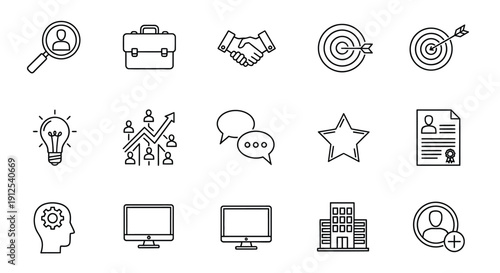 Business icons depict strategy success and growth a line silhouette