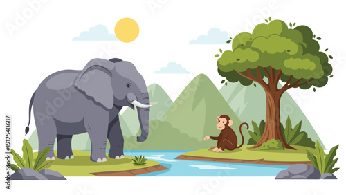 Large grey elephant and a small monkey interacting by a river in a tropical mountain landscape under a bright sun.