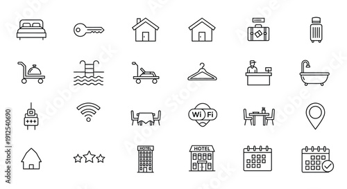 Collection of travel and hospitality icons in a simple outline silhouette