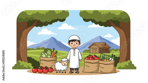 Young boy in traditional clothing standing in a vegetable field with sacks of harvest and a small white sheep.