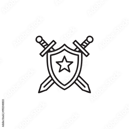 Shield with crossed swords and star emblem, symbolizing protection and strength in a simple graphic illustration
