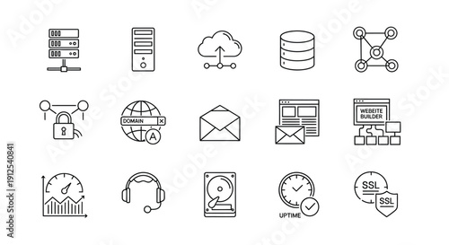 Collection of technology icons in a minimalist style silhouette
