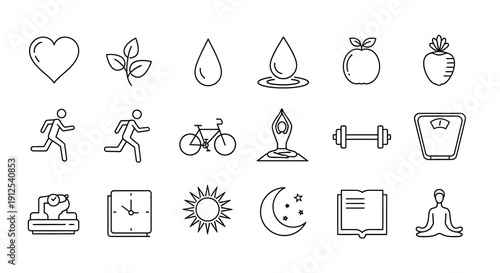 Collection of minimalist line icons depicting health nature and lifestyle silhouette