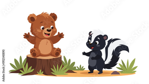 Adorable brown bear cub sits on a tree stump while engaging in a friendly conversation with a cute little skunk outdoors.