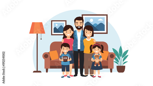 Happy family of five including parents and three children stands together in a cozy living room with a sofa and lamp.