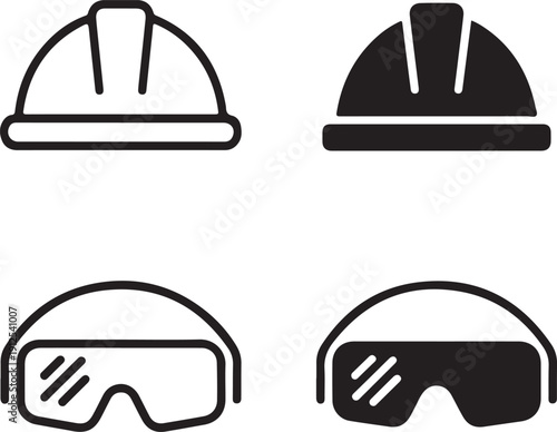 Collection of safety icons showing outlined and solid hard hats with protective eyewear goggles
