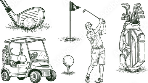 Detailed vector set of golf equipment featuring golfer swing cart and club bag for country club branding