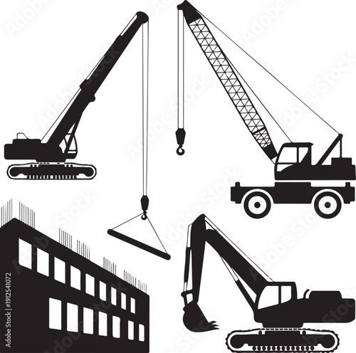 Heavy industrial machinery, including crawler cranes and an excavator, are visible around a rising building structure