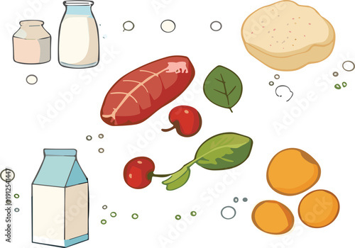 Fresh breakfast ingredients collection illustration featuring milk bread meat vegetables and fruit in colorful hand drawn cartoon style