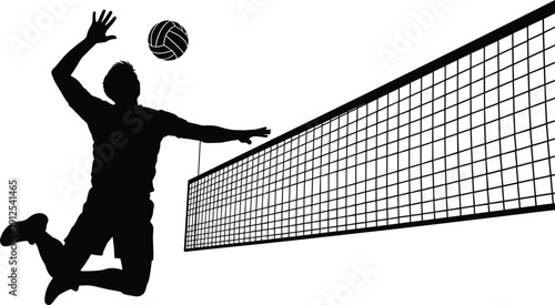 Dynamic silhouette of male volleyball player jumping for powerful spike over net for sports tournament and branding
