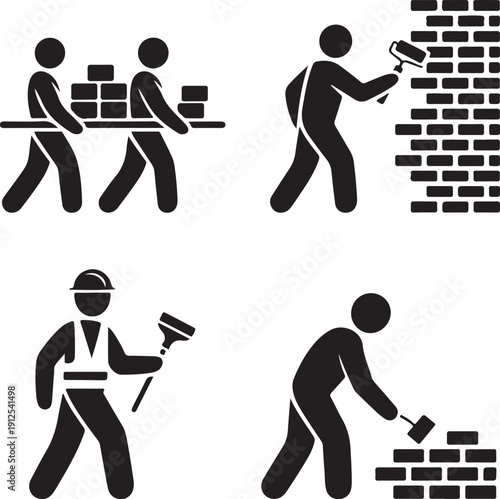 Stick figures illustrating various construction tasks like carrying bricks painting walls and masonry work