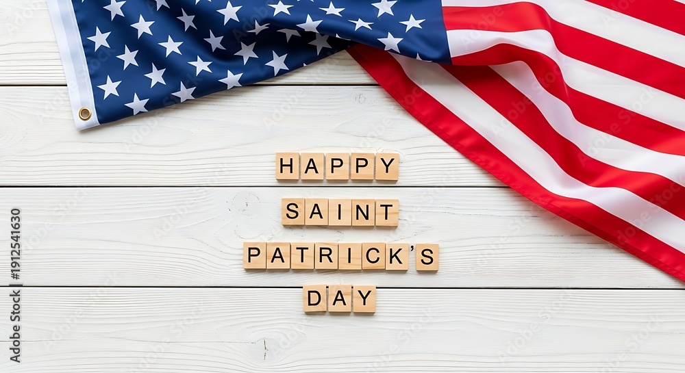 Fototapeta premium Wooden letter tiles spelling 'HAPPY SAINT PATRICK'S DAY' over a rustic white wood background with the American flag draped, ideal for St. Patrick's Day in Canada