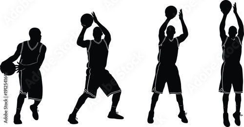 Silhouettes of basketball player shooting ball in sequential stages, illustrating athletic motion, sports training, jump shot technique, and competitive game concept for design and education.