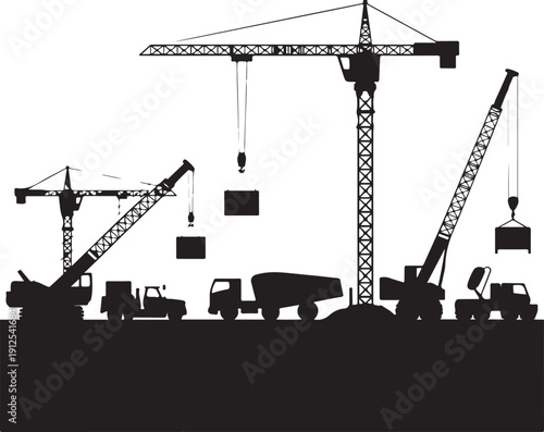 Various heavy construction machinery including large cranes and trucks are active at a busy work site