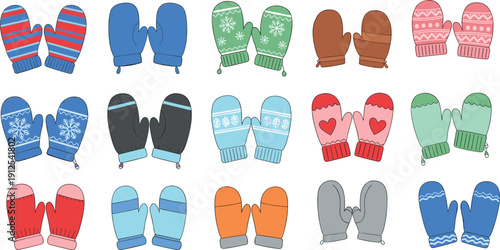 Collection of sixteen pairs of winter mittens in colorful patterns, including stripes, snowflakes, hearts, and seasonal designs, ideal for fashion, holiday, and educational themes.
