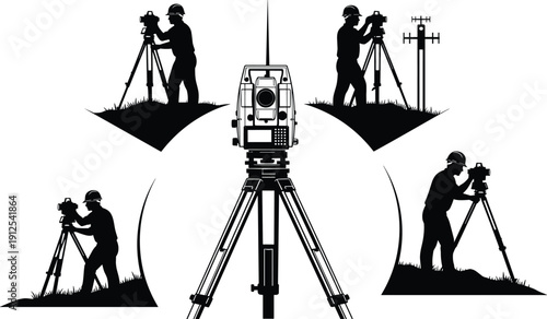 Surveyor silhouette collection featuring land surveying engineers using total station equipment, professional measurement poses and geodesy tools, black vector set for construction 