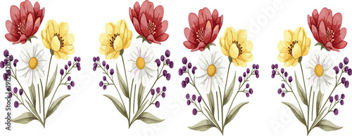 Hand drawn colorful floral bouquet vector set with blooming garden flowers botanical decorative illustration collection