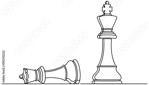 Minimalist one line drawing of a standing king chess piece and a fallen queen representing strategy leadership competition success and game over 