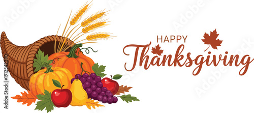 Happy Thanksgiving greeting with traditional wicker cornucopia overflowing with pumpkins grapes apples pears and wheat stalks vector