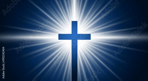 Christian Cross with Radiant Light on Dark Blue Background