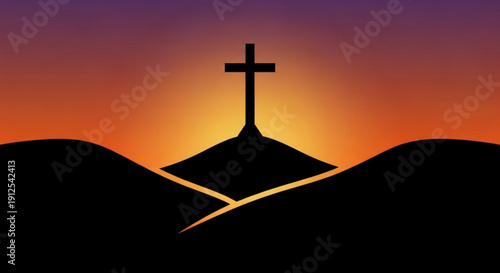 Cross on Hill at Sunset, Silhouette against Orange Sky, Symbolizing Faith