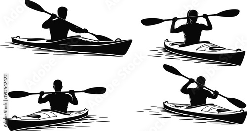 Silhouettes of kayakers paddling on water, showcasing outdoor adventure, sports activity, motion technique, and recreational kayaking concepts for fitness, travel, and design themes.
