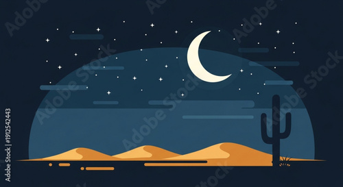 Crescent Moon Shining over Desert Landscape with Cactus at Night