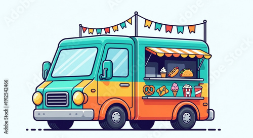 Colorful Food Truck Serving Fast Food on Street Festival with Bunting Flags, Isolated on White Background, Vector Illustration