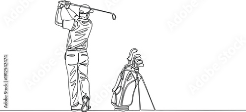 Minimalist continuous line drawing of golfer swing follow-through with golf bag for country club and sports branding