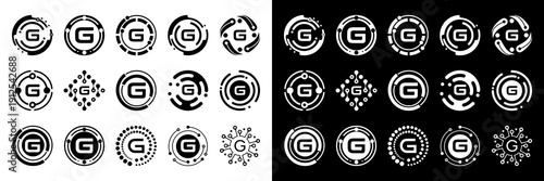High-tech letter G logo designs featuring circular structures, orbital effects, and digital elements. Suitable for gaming, AI branding, and futuristic visual identities.