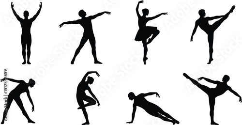 Silhouettes of ballet dancers in elegant poses, showcasing classical dance technique, graceful movement, artistic performance, and choreography concepts for education, design, and creative themes.
