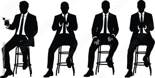 Silhouettes of men in suits seated on bar stools, showing gestures, body language, social interaction, and communication concepts for design, business, and lifestyle themes.